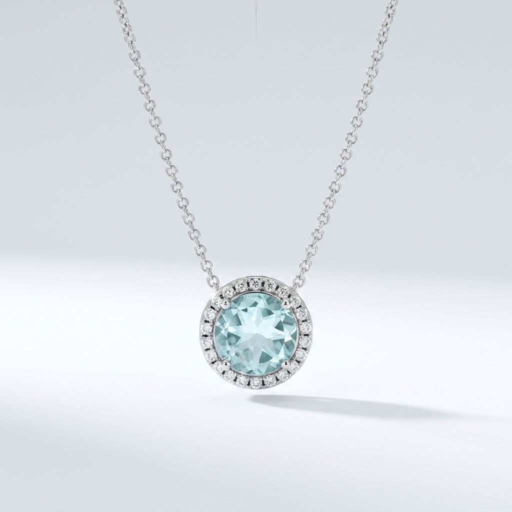 1.84ctw Aquamarine & Diamond Halo White Gold Necklace
