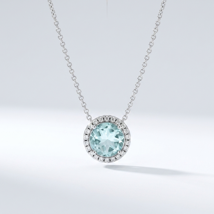 1.84ctw Aquamarine & Diamond Halo White Gold Necklace