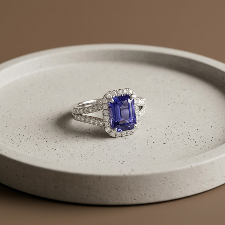 Emerald Cut Tanzanite & Diamond Ring