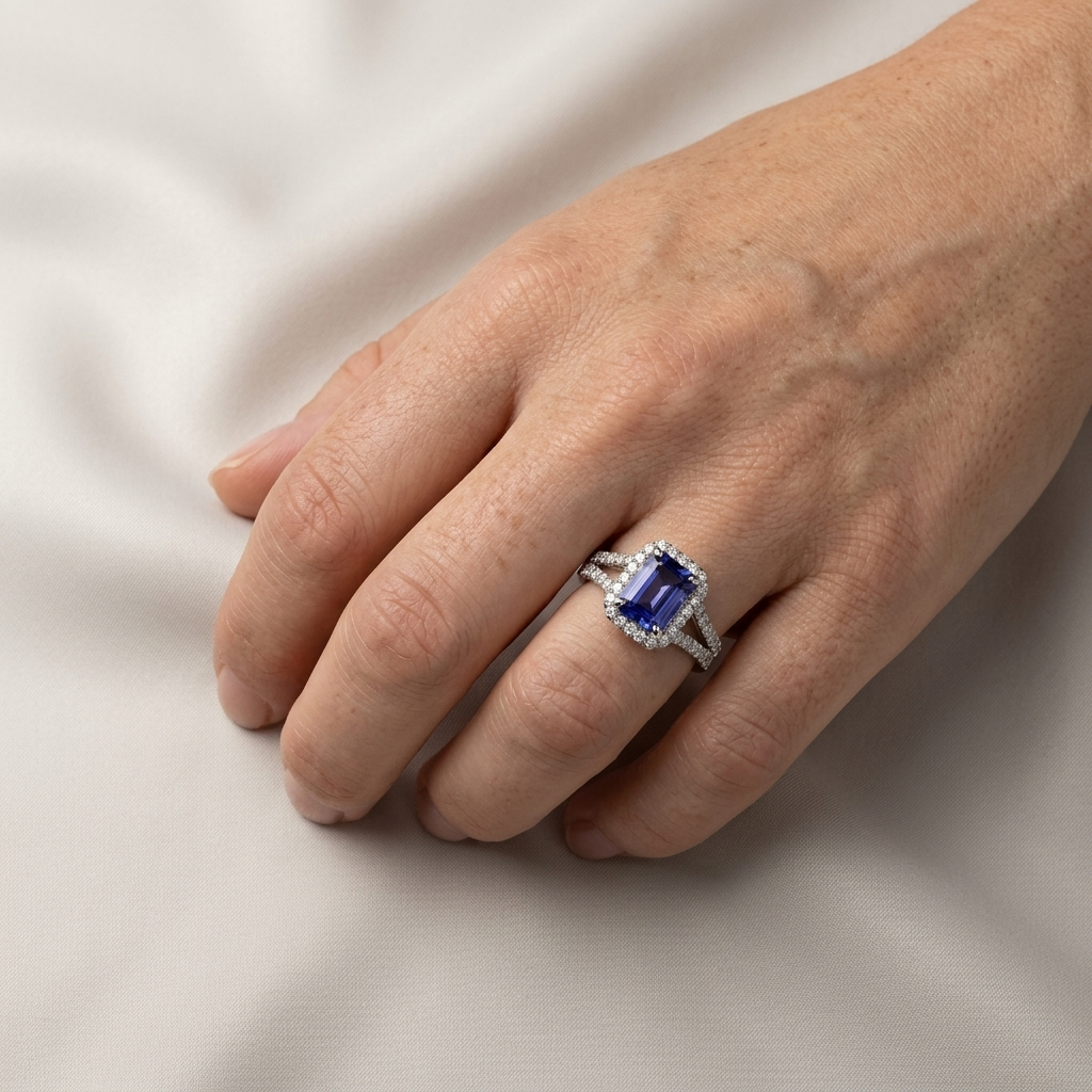 Emerald Cut Tanzanite & Diamond Ring