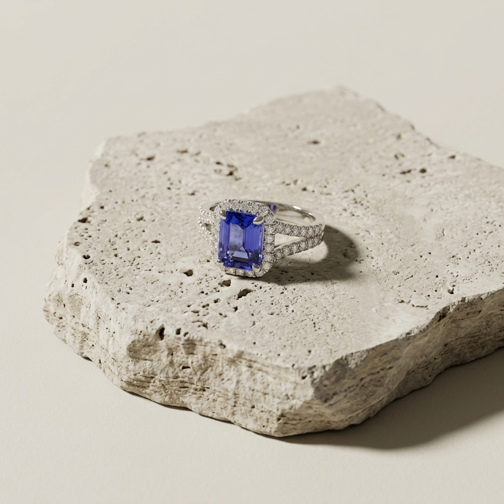 Emerald Cut Tanzanite & Diamond Ring