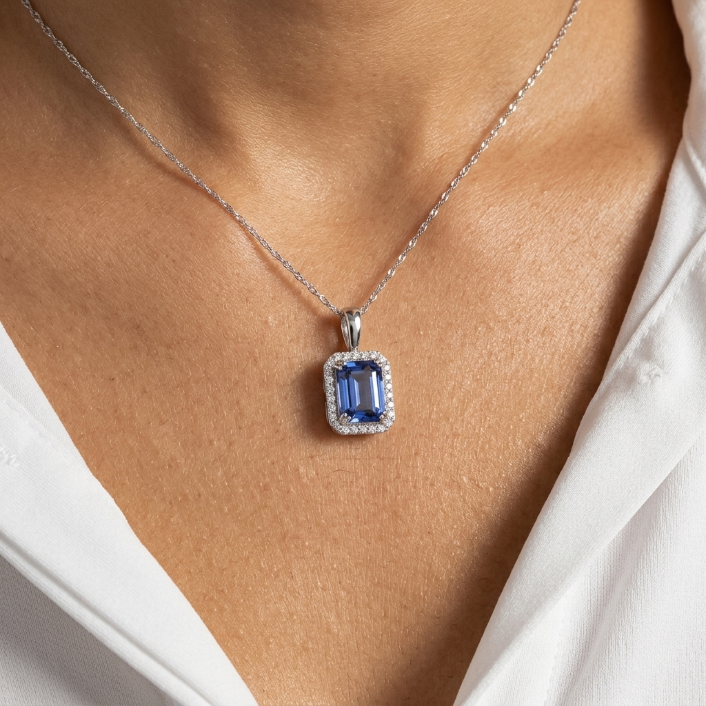 Beautiful emerald-cut tanzanite and diamond necklace in white gold, adding radiant sparkle to any occasion