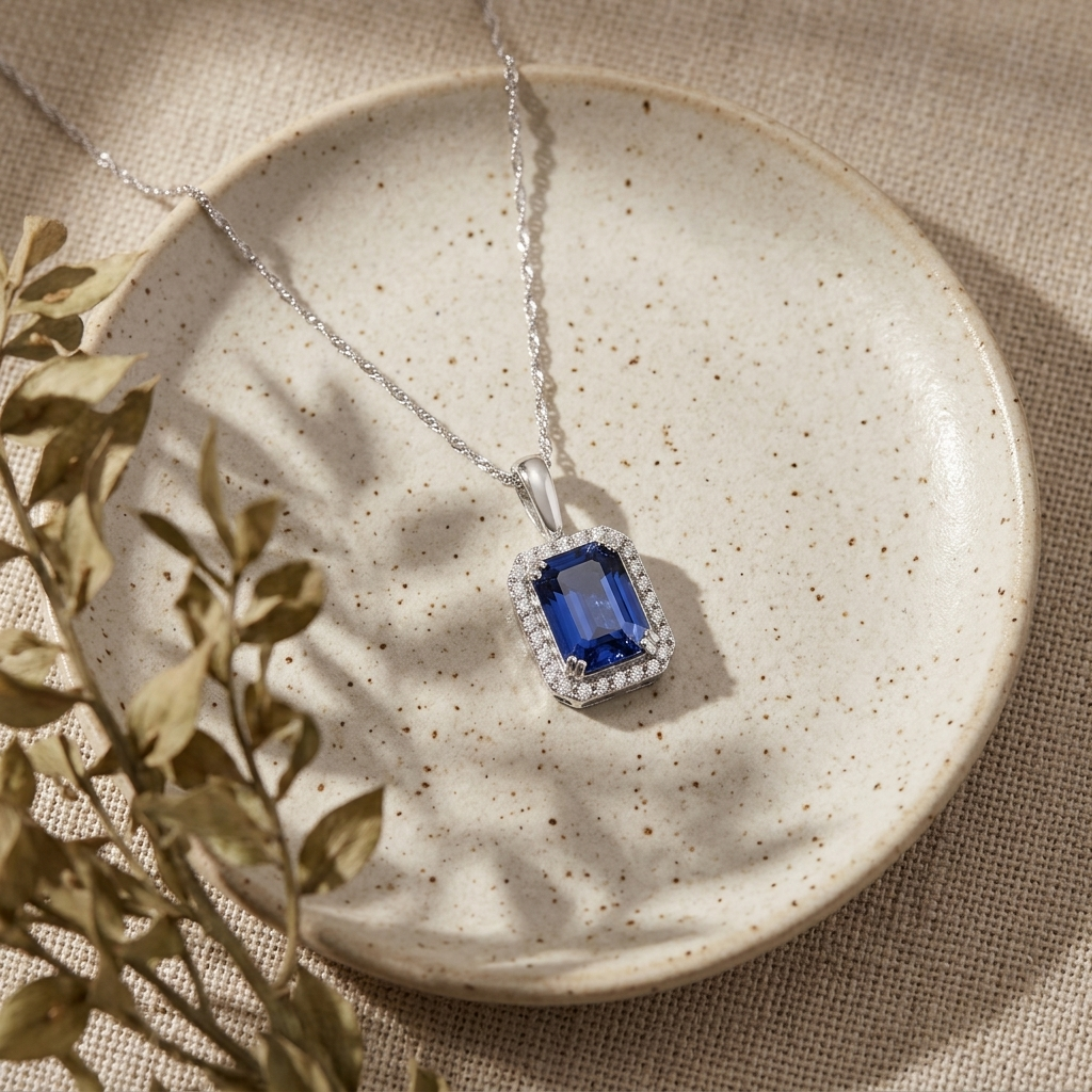 Beautiful emerald-cut tanzanite and diamond necklace in white gold, adding radiant sparkle to any occasion