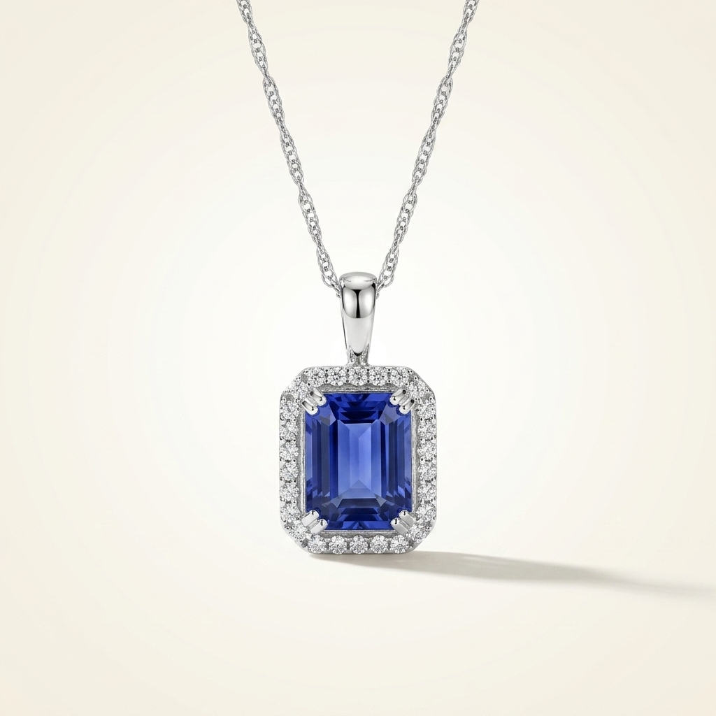Beautiful emerald-cut tanzanite and diamond necklace in white gold, adding radiant sparkle to any occasion