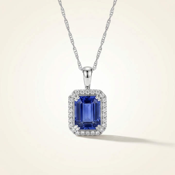Beautiful emerald-cut tanzanite and diamond necklace in white gold, adding radiant sparkle to any occasion