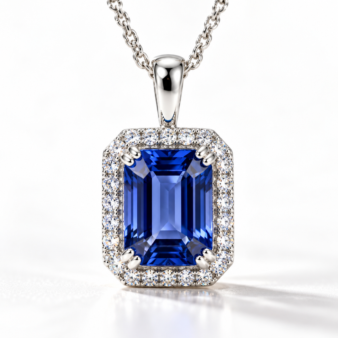 Emerald Cut Tanzanite & Diamond 14kt White Gold Necklace