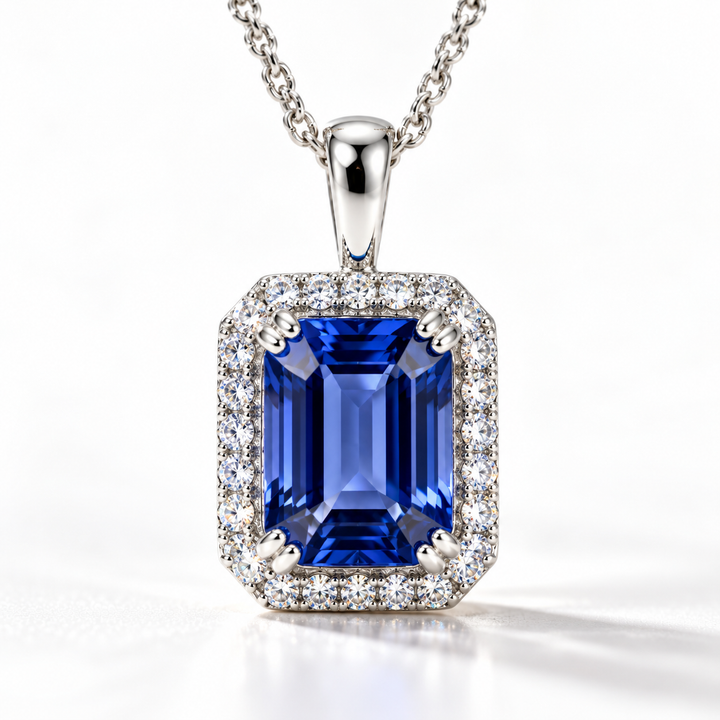 Emerald Cut Tanzanite & Diamond 14kt White Gold Necklace