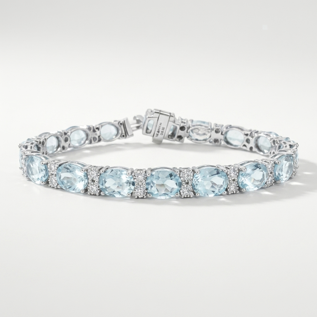 Luxurious oval-cut aquamarine and diamond bracelet in white gold, a dazzling statement of luxury and refinement