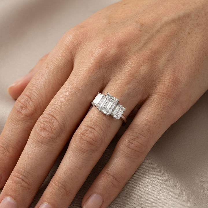 4.20ctw Emerald Lab Grown 3-Diamond Ring