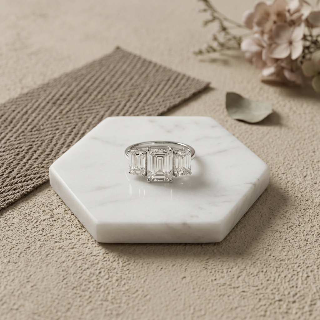 4.20ctw Emerald Lab Grown 3-Diamond Ring
