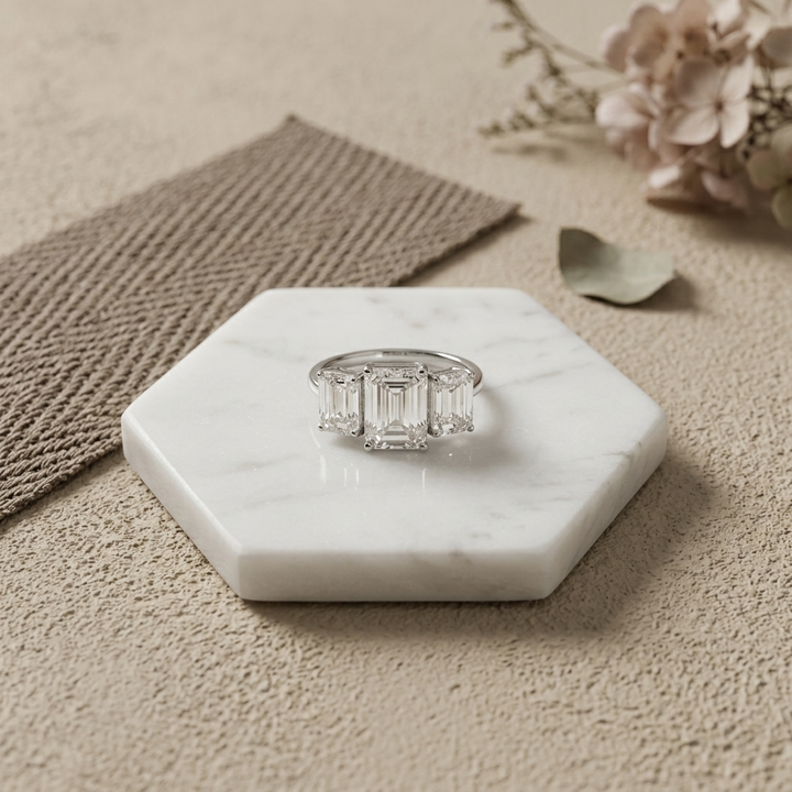 4.20ctw Emerald Lab Grown 3-Diamond Ring