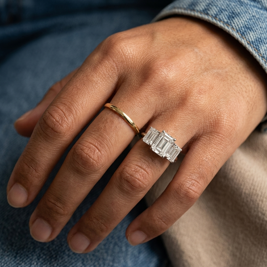 4.20ctw Emerald Lab Grown 3-Diamond Ring