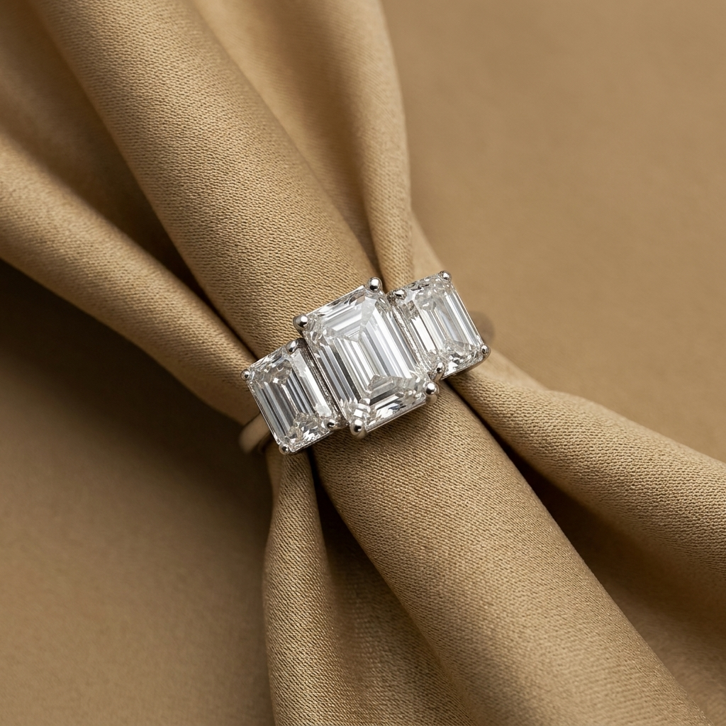 4.20ctw Emerald Lab Grown 3-Diamond Ring