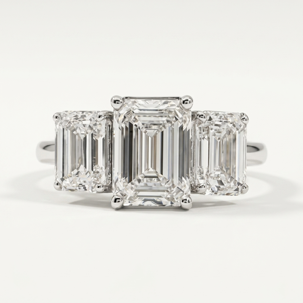 4.20ctw Emerald Lab Grown 3-Diamond Ring