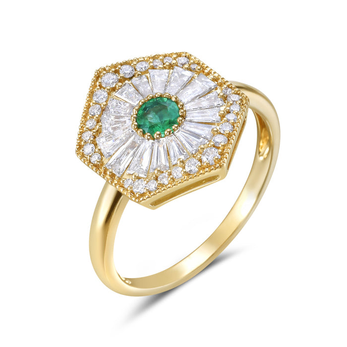 Stunning Emerald & Diamond Halo Ring featuring a vibrant emerald center stone surrounded by a shimmering halo of round-cut diamonds. A timeless blend of elegance and luxury.