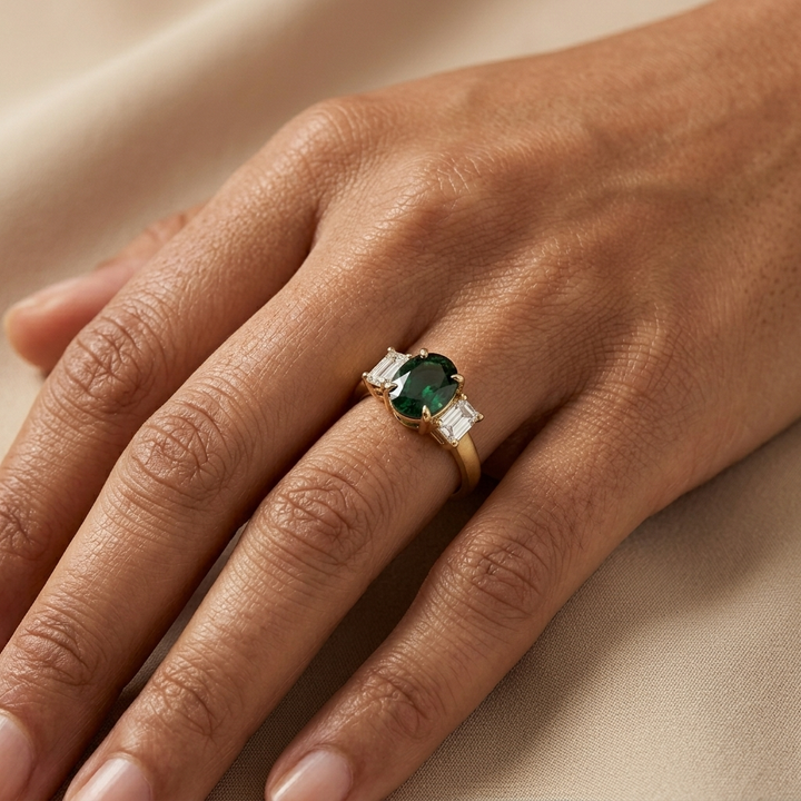3.00ctw Oval Emerald Gemstone & Emerald Cut Lab Grown Diamond Ring