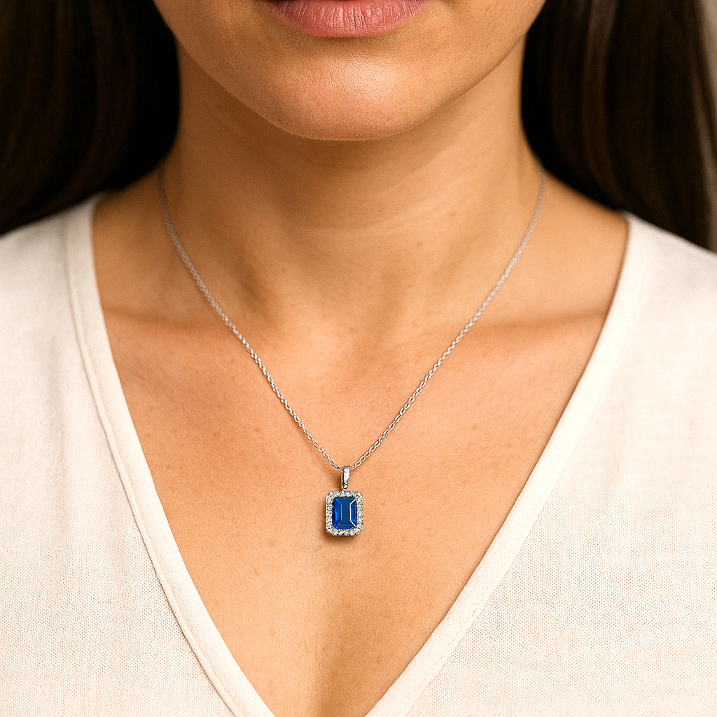 Emerald Cut Tanzanite & Diamond 14kt White Gold Necklace