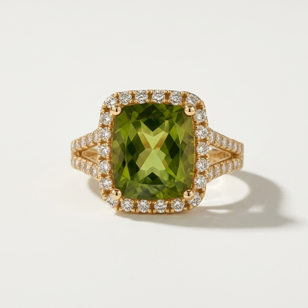 Peridot Gemstone & Diamond Halo Ring
