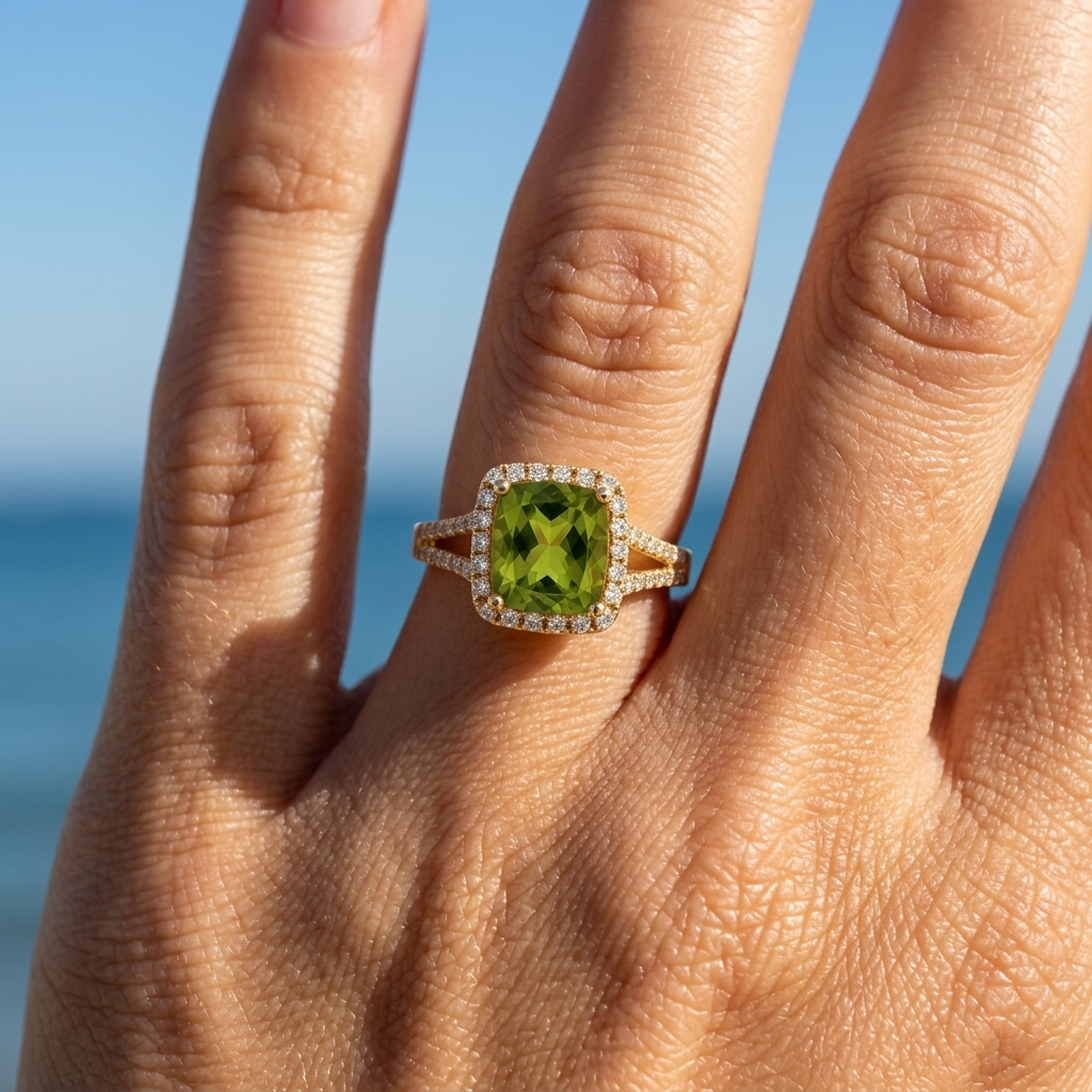 Peridot Gemstone & Diamond Halo Ring