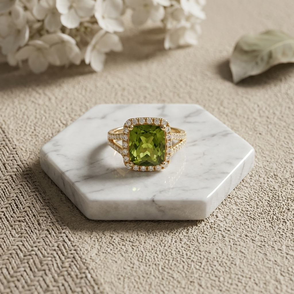 Peridot Gemstone & Diamond Halo Ring