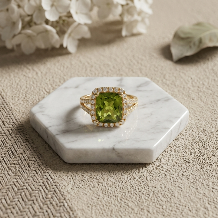 Peridot Gemstone & Diamond Halo Ring