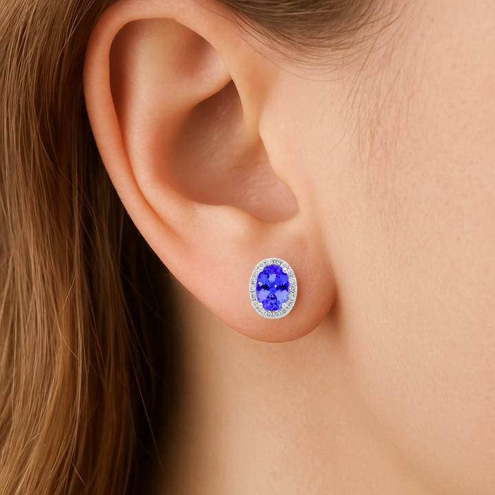 1.87ctw Oval Tanzanite & Diamond Halo Earrings