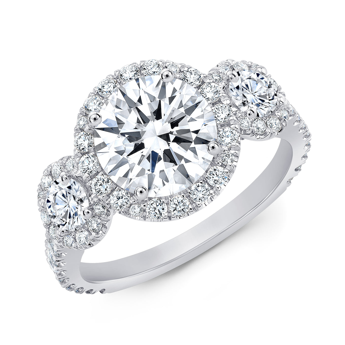 3 Stone - Round Halo Engagement Ring
