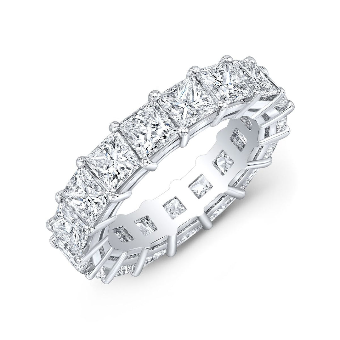 Timeless eternity band featuring princess-cut diamonds in a shared prong setting, offering a seamless row of brilliance and modern elegance.
