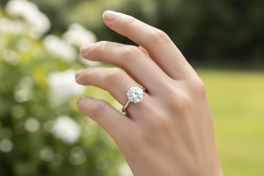 round diamond solitaire engagement ring on woman's hand