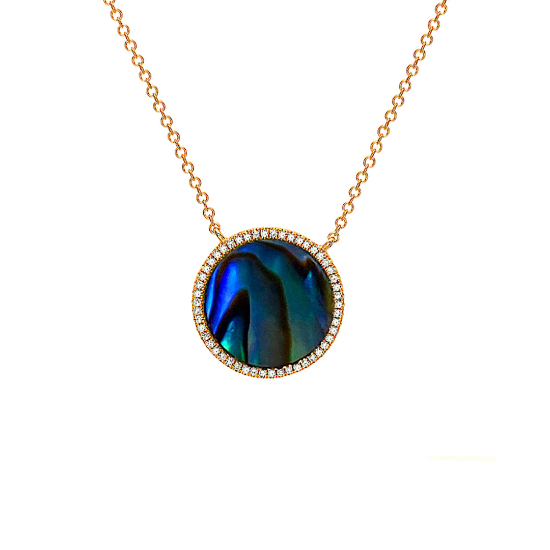 Stunning abalone and diamond halo pendant featuring an iridescent abalone center stone encircled by a sparkling diamond halo for a unique and elegant look.