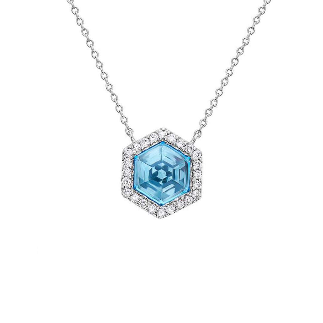 Stunning blue topaz and diamond halo necklace featuring a vibrant blue topaz center stone encircled by a shimmering diamond halo for an elegant and timeless look.