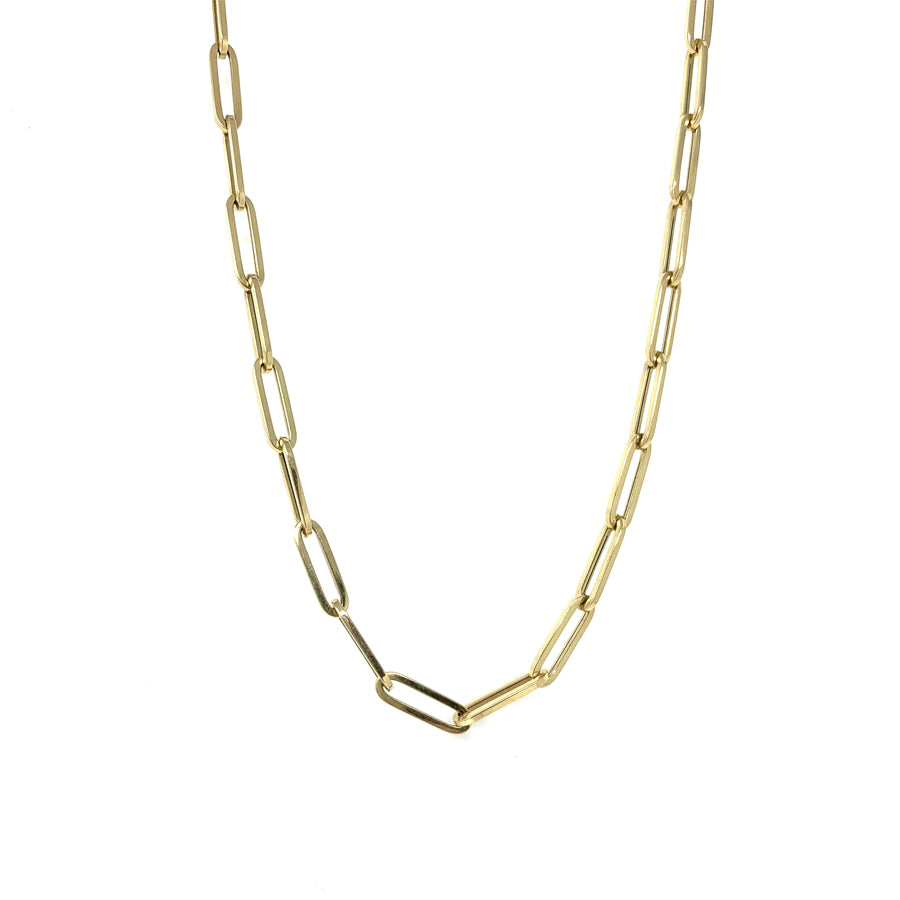 Stylish petite paper clip yellow gold necklace, 20 inches in length, featuring elongated links for a modern and elegant look, perfect for layering or wearing alone for understated sophistication.