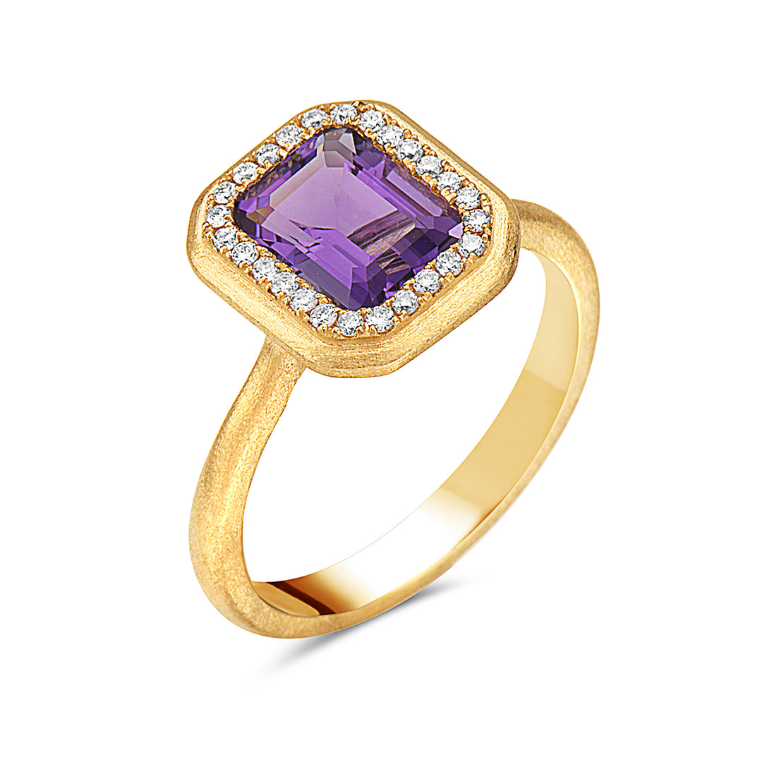 Amethyst & Diamond Halo Yellow Gold RIng