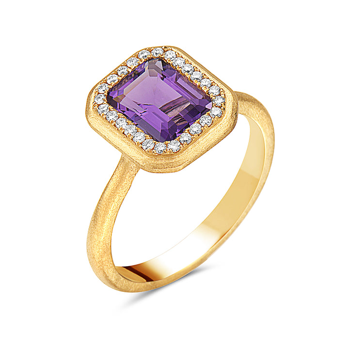 Amethyst & Diamond Halo Yellow Gold RIng